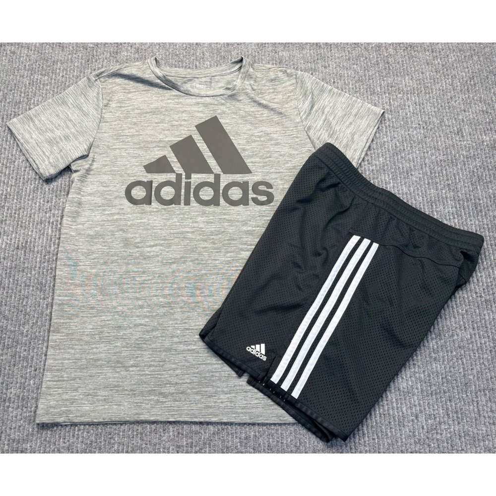 Adidas Boys XL Gray Heather T-Shirt and Black Mesh Shorts 2pc Set